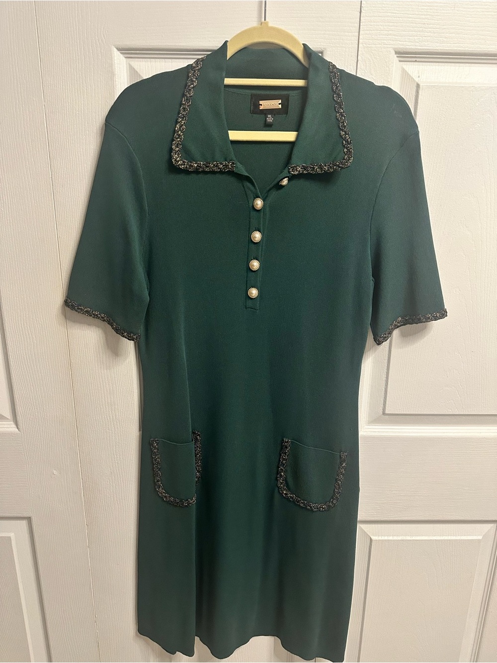 Elegant Green Knit Polo Dress with Tweed Trim